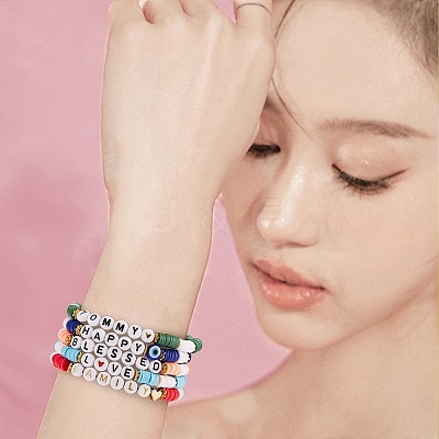 10Pcs 10 Style Encourage Word Polymer Clay Heishi Surfer Stretch Bracelets Set with Heart BJEW-SW00041-1