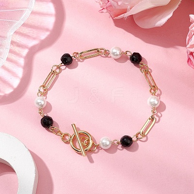 Shell Pearl Beads & Black Stone Link Bracelets BJEW-JB11270-1