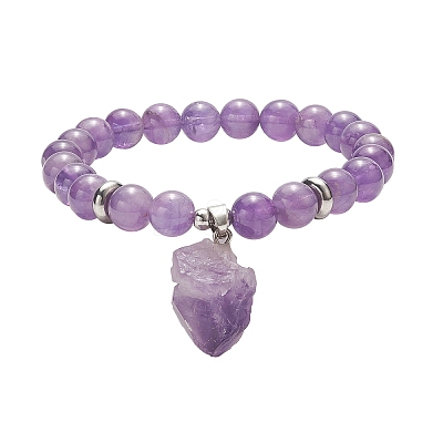 Round Natural Amethyst Beaded Stretch Bracelet with Nuggets Charms for Women BJEW-JB09316-01-1