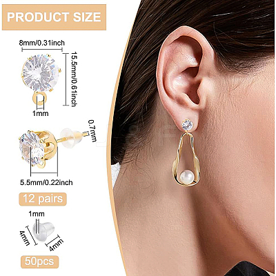 12 Pairs Flat Round Brass Clear Cubic Zirconi Stud Earring Findings KK-BC0008-77-1