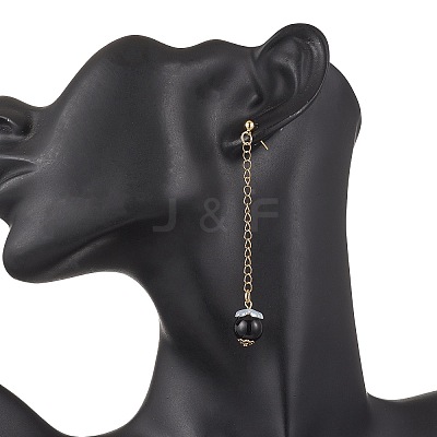 Glass Imitation Pearl Round Tassel Stud Earrings EJEW-JE06453-01-1