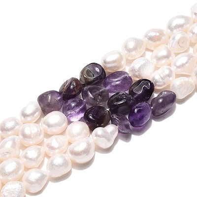 Natural Amethyst Nuggets & Natural Cultured Freshwater Pearl Beads Strands PEAR-N023-01A-07-1
