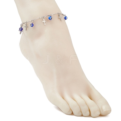 Handmade Evil Eye Lampwork & 304 Stainless Steel Cross Tassel Bar Link Chain Anklets for Women AJEW-AN00741-02-1