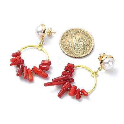 Dyed Synthetic Coral Irregular Column Beaded Dangle Stud Earrings EJEW-TA00293-1