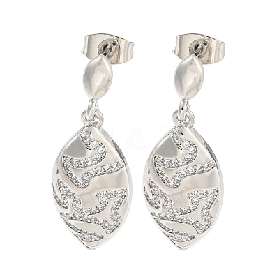 Leaf Brass Pave Clear Cubic Zirconia Dangle Stud Earrings EJEW-M258-37P-1