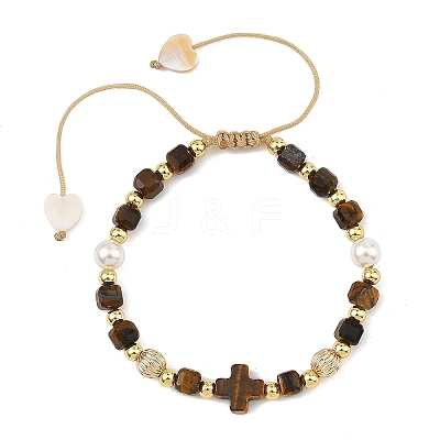 Natural Tiger Eye Faceted Cube Braided Bead Bracelets BJEW-JB14379-02-1
