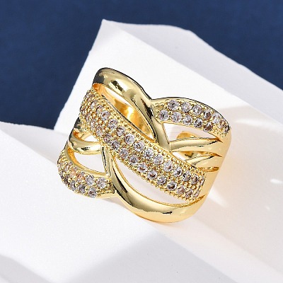 Brass Micro Pave Clear Cubic Zirconia Cuff Rings RJEW-U047-13G-1