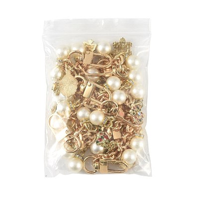 4Pcs 4 Styles Alloy Rhinestone with Acrylic Pearl Bead Charm Cable Chain Bag Decorative Chains HJEW-FS00060-04-1