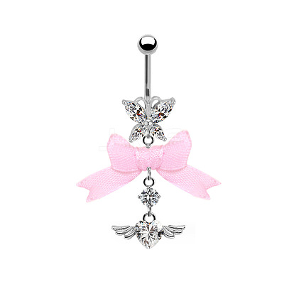 304 Stainless Steel Pave Cubic Zirconia with Cloth Bowknot Butterfly Dangle Belly Rings FS-WG03D58-03-1