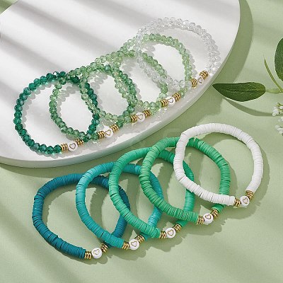 10Pcs Polymer Clay Disc & Glass & Brass Beaded Stretch Bracelets Set BJEW-JB09676-04-1