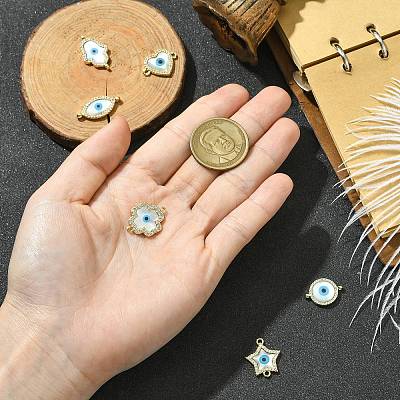 6Pcs 6 Styles Brass Micro Pave Clear Cubic Zirconia & Natural Shell Evil Eye Links Connector Charms KK-CJ0003-44-1