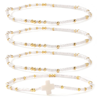 4Pcs Vintage Cylinder Seed Beads & Brass Beaded Bracelet Sets VC6317-6-1
