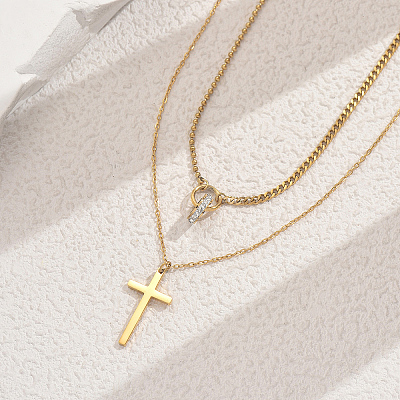 Stainless Steel Crystal Rhinestone Cross Pendant Double Layer Necklaces for Women BW9176-1
