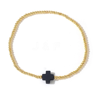 Cross Natural Gemstone & Brass Bead Stretch Bracelets for Women QE9707-1-1