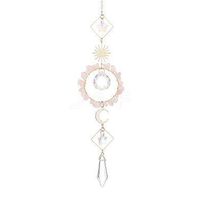 Sun Moon Ring Brass & Natural Rose Quartz Chip Suncatcher HJEW-JM05027-02-1