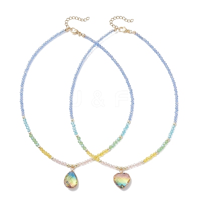 2Pcs 2 Styles Colorful K9 Glass Teardrop Heart Pendant Electroplated Glass Faceted Rondelle Beaded Necklaces NJEW-JN05752-1