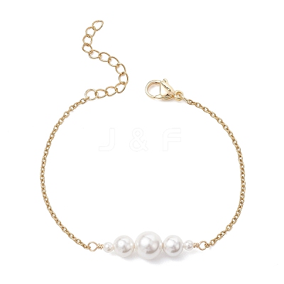 Shell Pearl White Round Graduated Beaded 304 Stainless Steel Cable Chain Bracelets for Women BJEW-JB12981-1