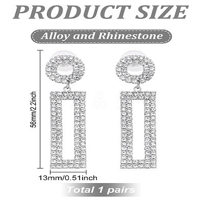 1 Pairs Brass Rhinestone Ring with Rectangle Dangle Stud Earrings for Women EJEW-LP0001-91P-1