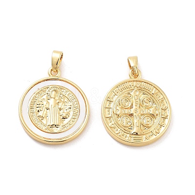 Rack Plating Brass Pave Shell Flat Round Pendants KK-C063-17G-1