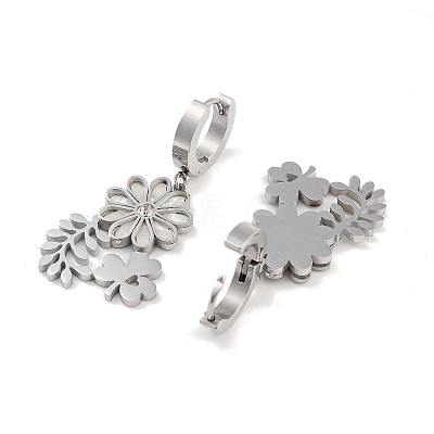 Left and Right Clover & Flower 304 Stainless Steel Shell Dangle Earrings EJEW-L283-068P-1