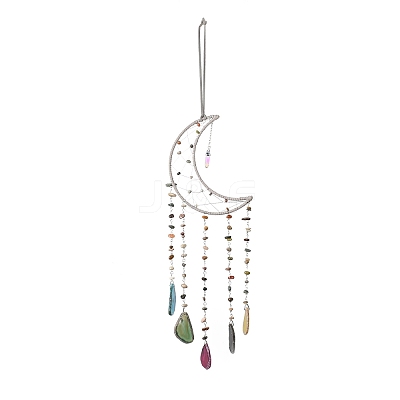 Mixed Gemstone Chips Beaded Moon Hanging Sun Catchers HJEW-M004-01-1