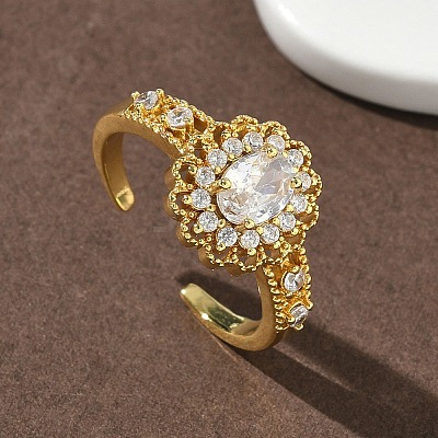 Brass Micro Pave Cubic Zirconia Cuff Open Rings RJEW-C163-19G-1