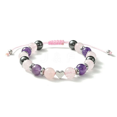 Natural Rose Quartz & Amethyst & Brass Heart Braided Bead Bracelet BJEW-JB09703-03-1