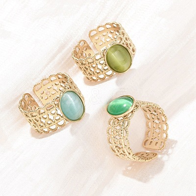 304 Stainless Steel with Glass Cat Eye Cuff Rings for Women RJEW-K309-40B-1