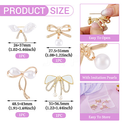 4Pcs 4 Styles Bowknot Alloy Rhinestone Brooches for Women JEWB-TA0001-30-1