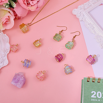 10Pcs 5 Colors Electroplated Natural Quartz Copper Wire Wrapped Pendants PALLOY-CA00020-1