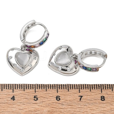 Brass Micro Pave Cubic Zirconia and Cat Eye Beads Heart Hoop Dangle Earrings KK-CBAD9DF-01P-D-1