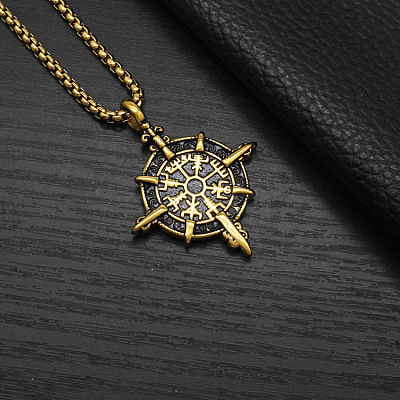Vintage 304 Stainless Steel Viking Compass Pendant Necklaces for Men WG1D9FE-02-1