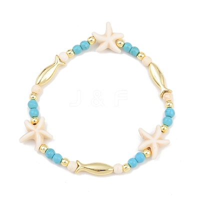 Synthetic Turquoise & Brass Beaded Stretach Bracelets for Women BJEW-JB12487-1
