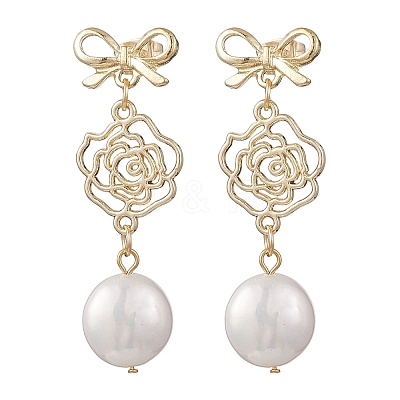 Natural Keshi Pearl Flower with Bowknot Dangle Stud Earrings EJEW-JE06726-1