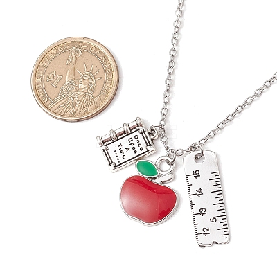 Teather's Day Alloy Red Apple Book Ruler Pendant Necklaces X1-NJEW-TA00185-1