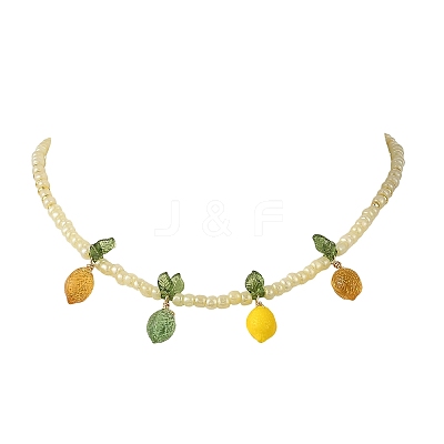 Glass Lemon with Acrylic Leaf Pendant Glass Seed Beaded Necklaces NJEW-JN06426-1