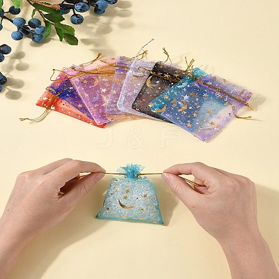 50Pcs 10 Colors Gold Stamping Moon & Star Organza Drawstring Gift Storage Bags ABAG-FS0001-11-1