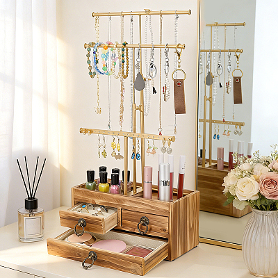 3-Tier Iron T Bar Jewelry Dispaly Tower Stands with 3 Wooden Drawers ODIS-WH0038-322-1