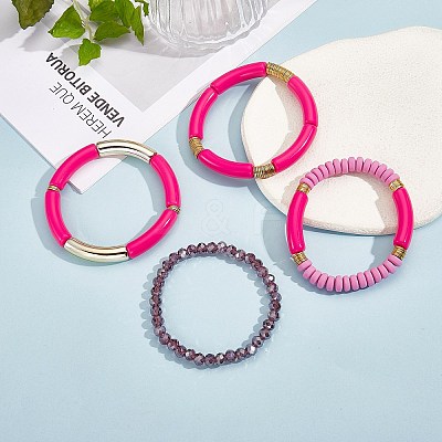 4Pcs 4 Style Acrylic Chunky Curved Tube Stretch Bracelet Sets BJEW-SW00074-01-1