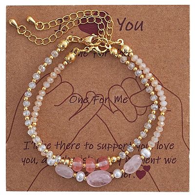 2Pcs Natural Rose Quartz & Glass & Imitation Pearl & Brass Beaded Bracelets for Women JV0360-4-1