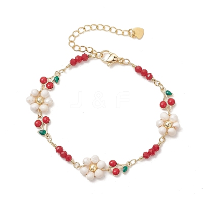Brass Enamel Cherry Link Chain Bracelets for Women BJEW-JB14046-1