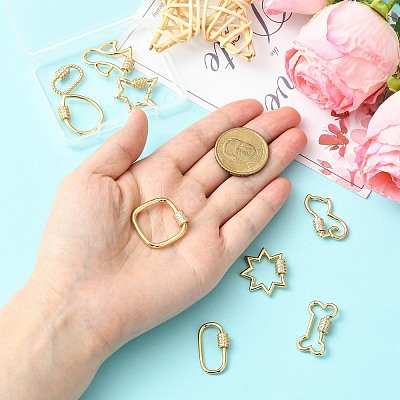 9Pcs 9 Styles Brass Micro Pave Clear Cubic Zirconia Screw Carabiner Lock Charms KK-CJ0004-25-1