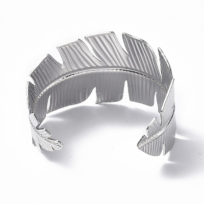 Non-Tarnish 304 Stainless Steel Feather Open Cuff Bangle for Women BJEW-F442-01P-1