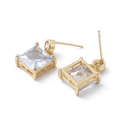 Clear Cubic Zirconia Square Dangle Stud Earrings EJEW-L261-002G-1