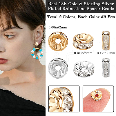 100Pcs 2 Colors Brass with Rhinestone Spacer Beads KK-BBC0015-99-1