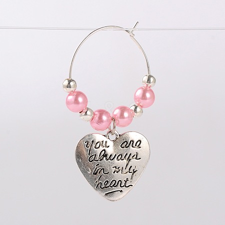 Tibetan Style Heart with Word You Are Always In My Heart Wine Glass Charms AJEW-JO00029-04-1