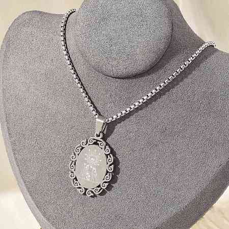 304 Stainless Steel Oval with Virgin Pendant Box Chain Necklaces NJEW-H055-08P-1