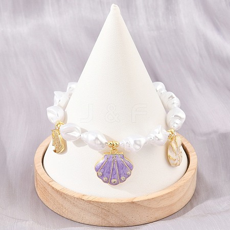 Ocean Brass Micro Pave Clear Cubic Zirconia and Enamel Plum Shell Shape Charm Bracelets for Women KK-CBA68DA-06G-1
