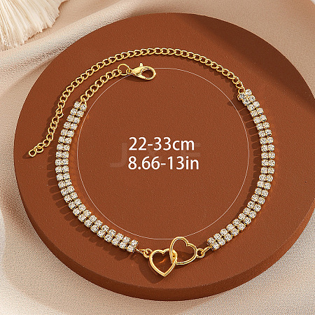 Brass Crystal Rhinestone Tennis Double Heart Link Anklets for Women FS-WGBD382-01-1