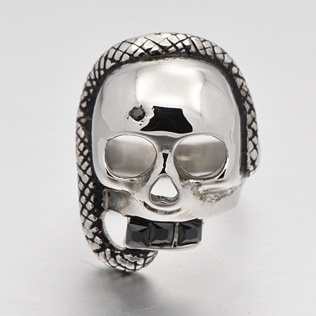 Halloween Skull with Snake Personalized Retro Men's 316 Stainless Steel Rhinestone Wide Band Finger Rings RJEW-J066-26-19mm-1